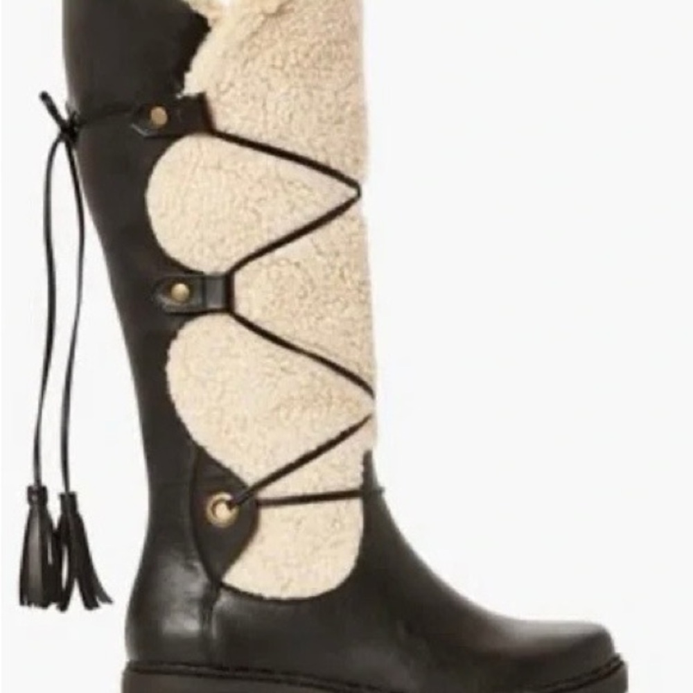 Women's Black Leather Knee-High Lace-Up Boot with Cream Shearling